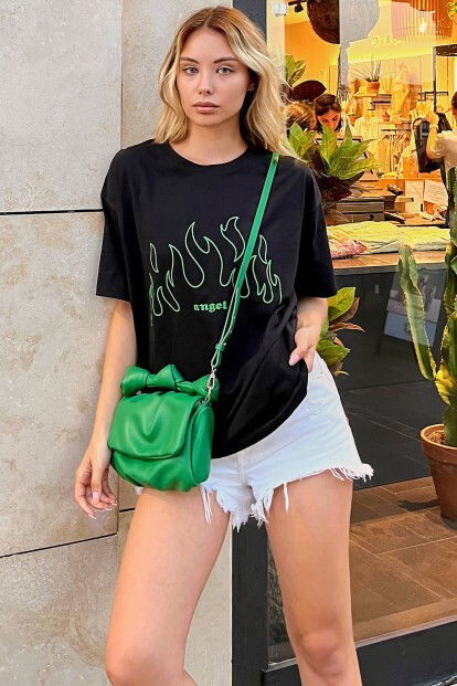 Siyah Angel Baskılı Oversize Kadın Tshirt - 5