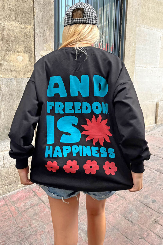 Siyah Freedom Baskılı Bisiklet Yaka Kadın Sweatshirt - SWİST