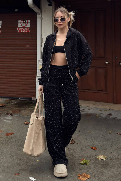 Siyah Full Taşlı Kapüşonlu Fermuarlı Hırka Eşofman Altı Kadın Alt Üst Takım 