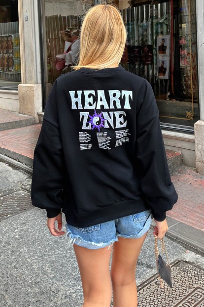 Siyah Heart Zone Ön ve Arka Baskılı Kadın Sweatshirt - 6