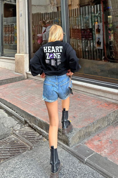 Siyah Heart Zone Ön ve Arka Baskılı Kadın Sweatshirt - 4