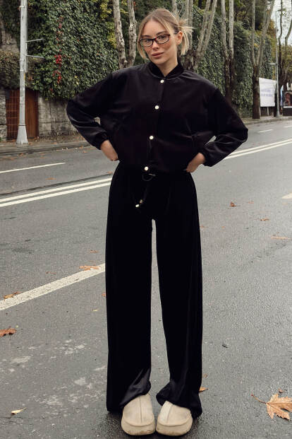 Siyah Kadife Gold Çıt Çıt Kapama Hırka Pantolon Kadın Alt Üst Takım 