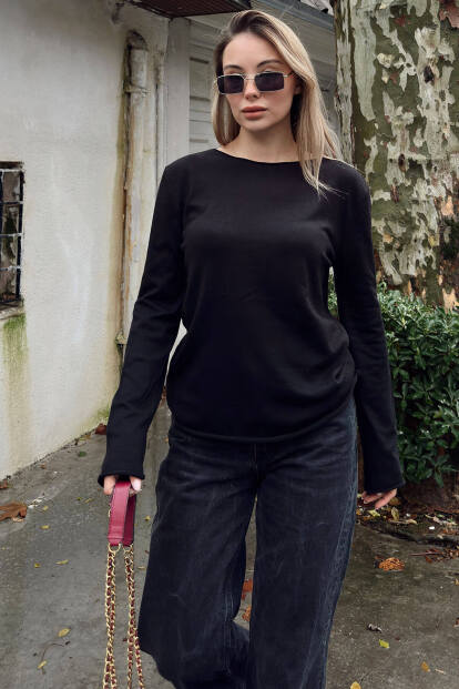 Siyah Kayık Yaka Basic Kadın Korsman Triko Bluz 