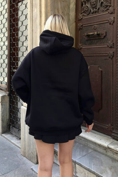 Siyah Lena Fermuarlı Kapüşonlu Cepli İçi Polarlı Oversize Kadın Sweatshirt - 5