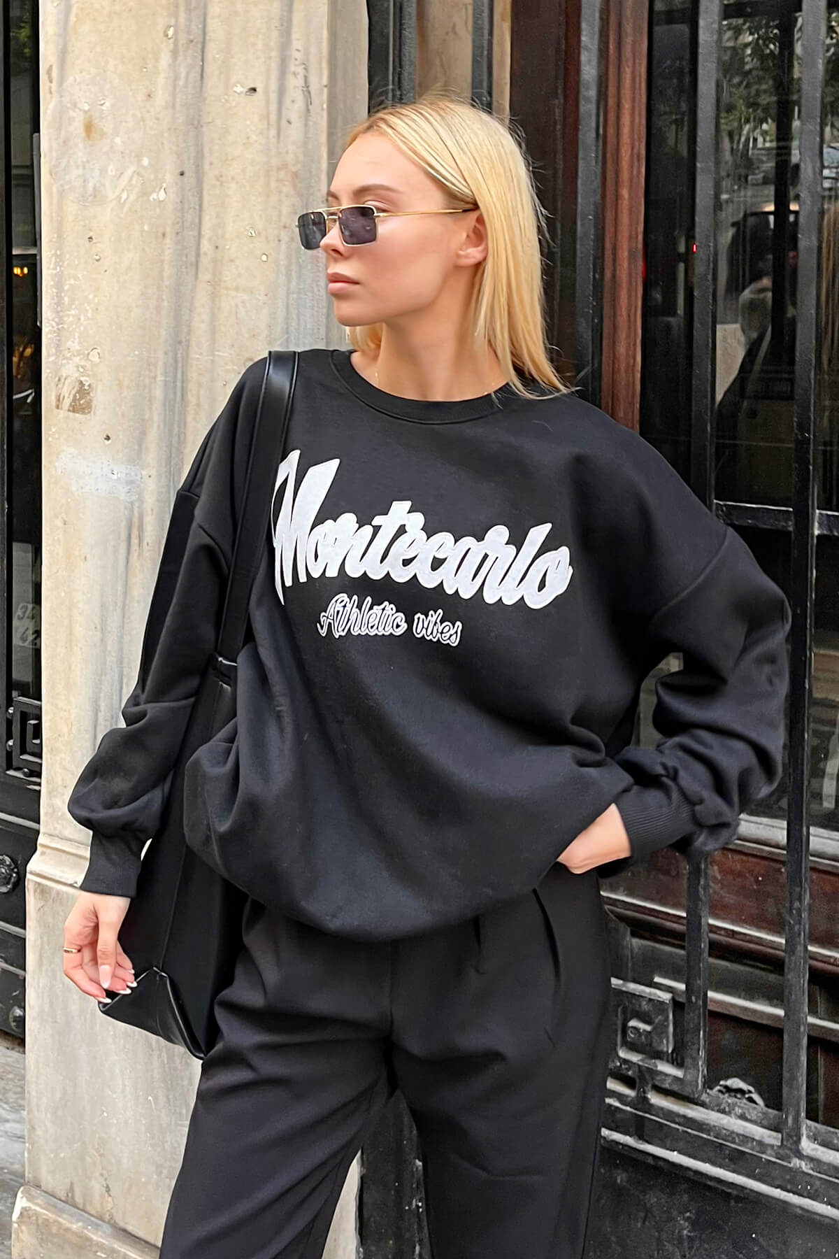 Siyah Montecarlo Baskılı İçi Pamuklu Kadın Sweatshirt - 3