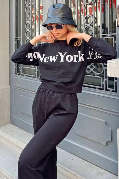 Siyah Önü Ve Kolları Baskılı Kadın Crop Sweatshirt - 2