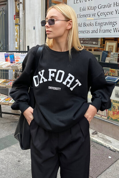 Siyah Oxfrt Baskılı İçi Pamuklu Kadın Sweatshirt 