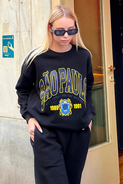 Siyah Sao Baskılı İçi Pamuklu Kadın Sweatshirt - 1