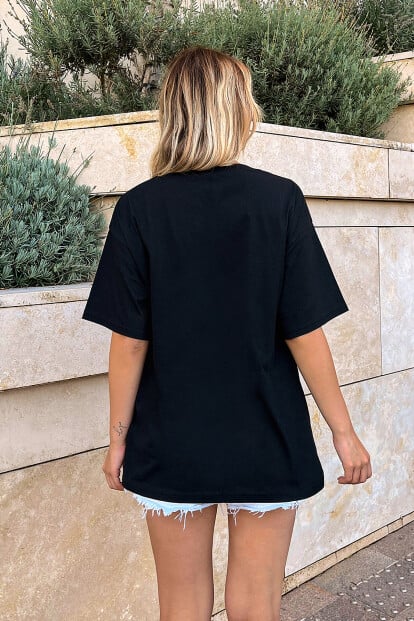 Siyah Sun And Moon Baskılı Oversize Kadın Tshirt - 3