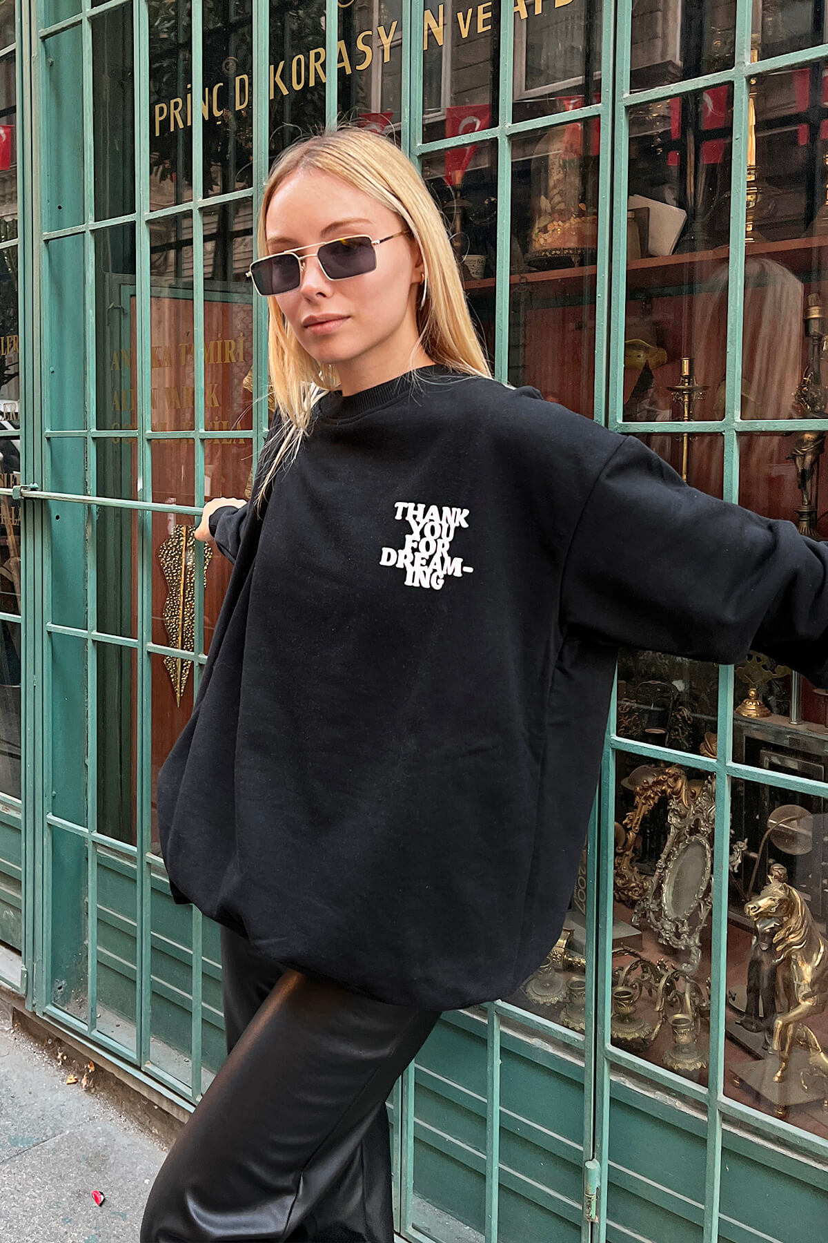 Siyah Thank You Baskılı İçi Pamuklu Kadın Sweatshirt - 5