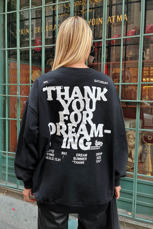 Siyah Thank You Baskılı İçi Pamuklu Kadın Sweatshirt - SWİST (2)