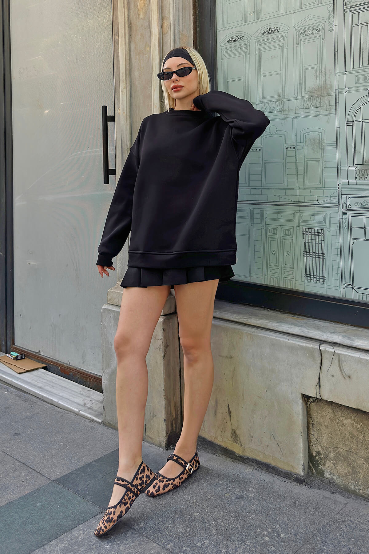 Siyah Walk Bisiklet Yaka İçi Polarlı Basic Oversize Kadın Sweatshirt - 2