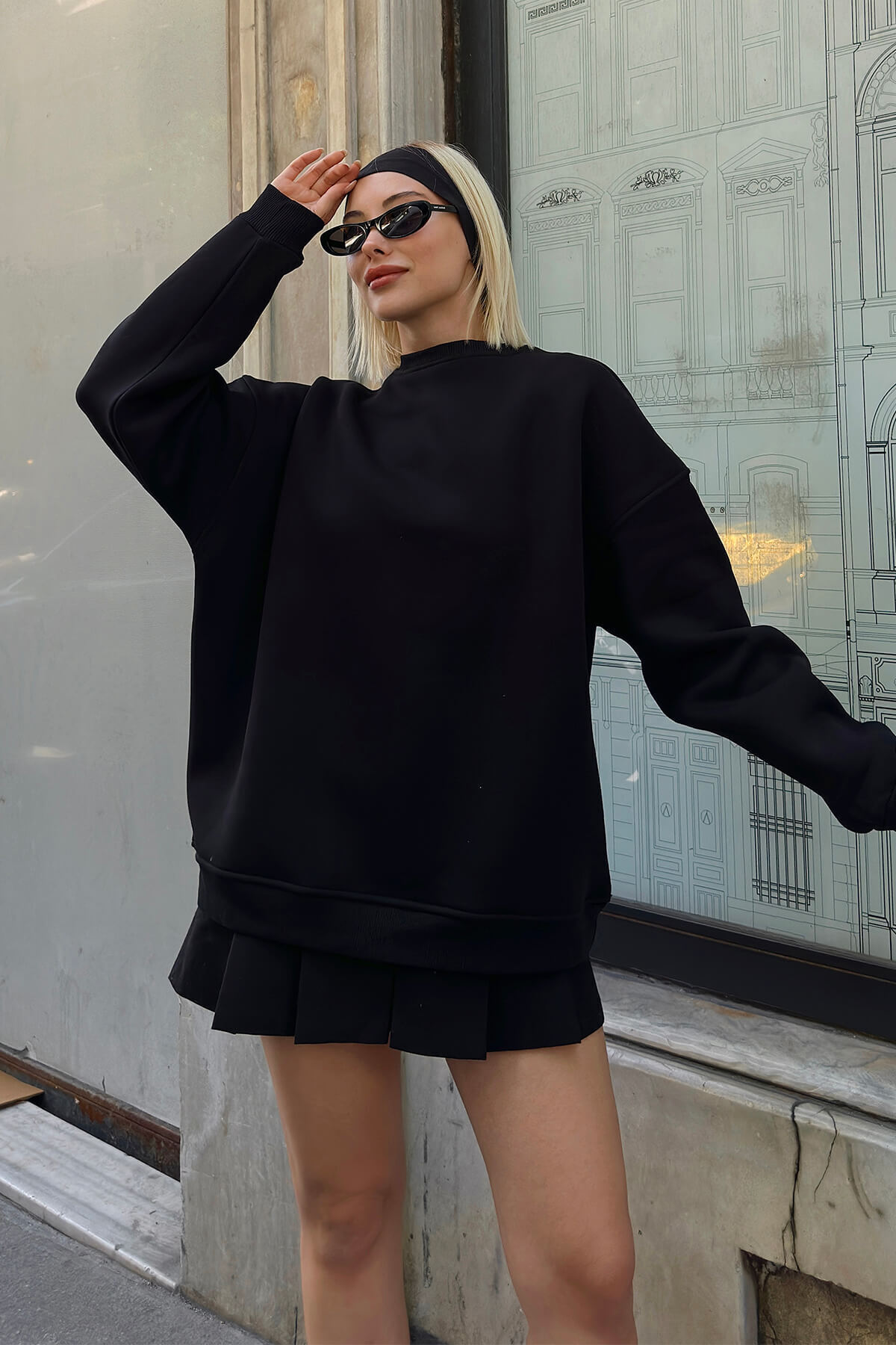 Siyah Walk Bisiklet Yaka İçi Polarlı Basic Oversize Kadın Sweatshirt - 3