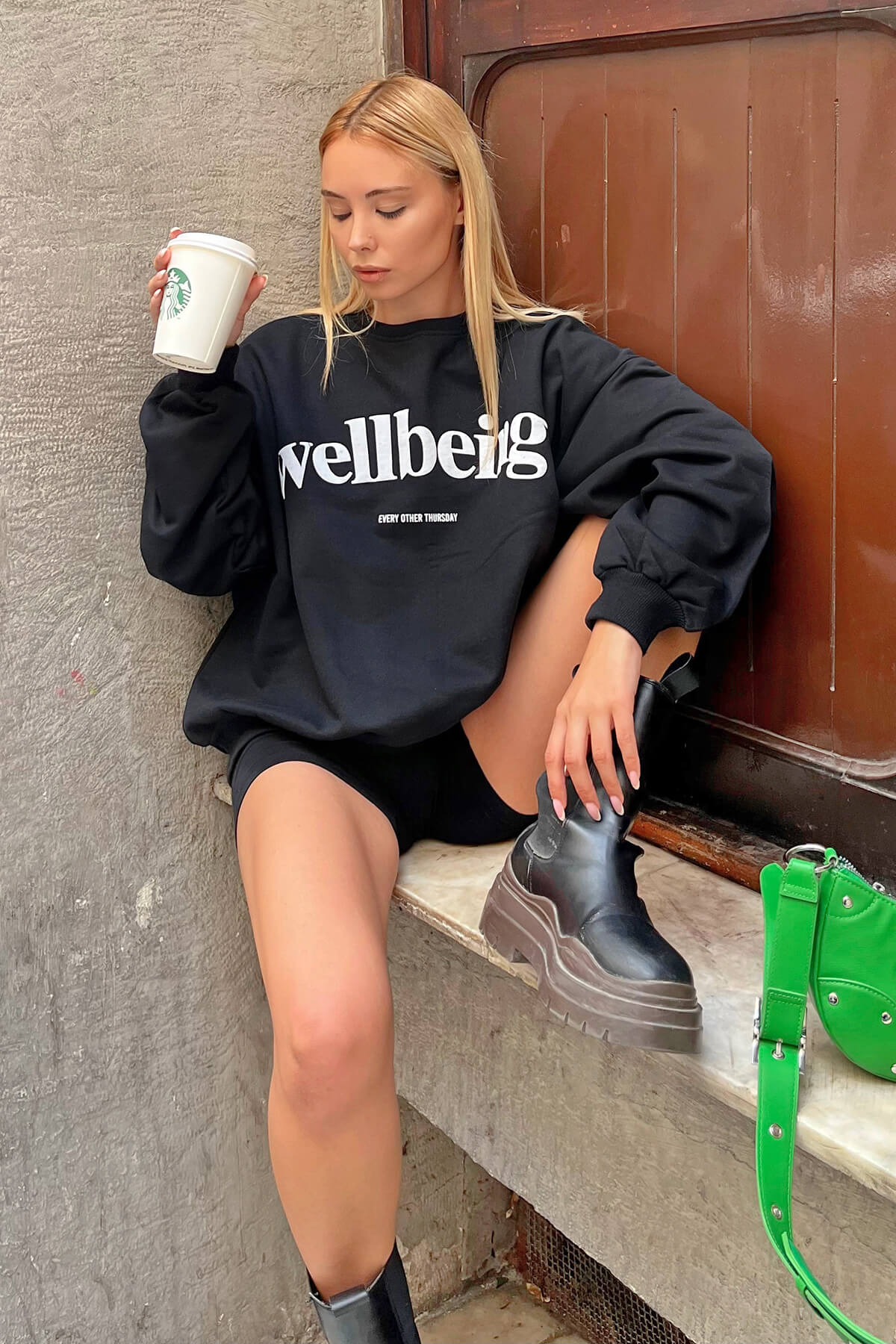 Siyah Wellbeing Baskılı İçi Pamuklu Kadın Sweatshirt - 3