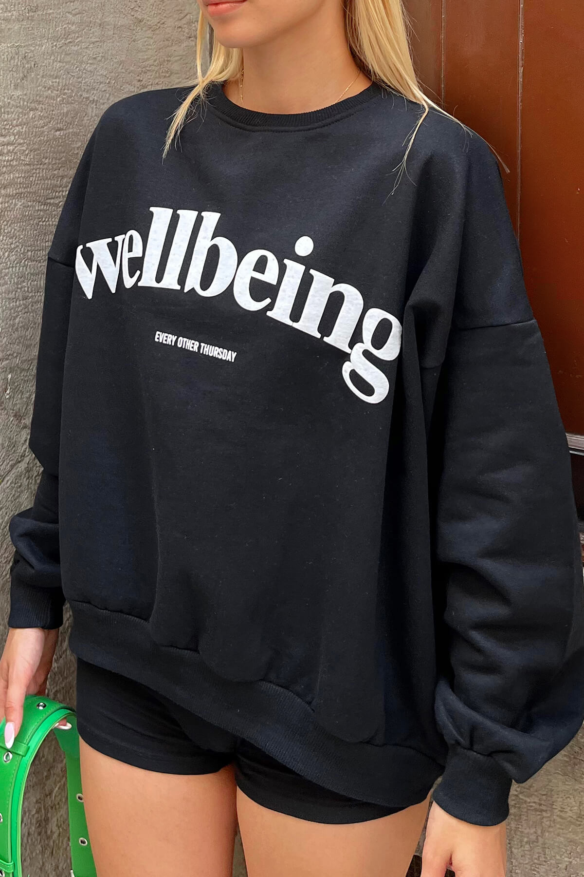 Siyah Wellbeing Baskılı İçi Pamuklu Kadın Sweatshirt - 5