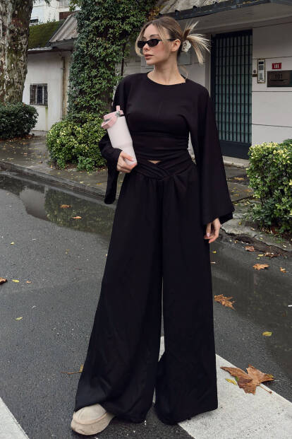 Siyah Yarasa Kol Crop Bel Detay Bol Paça Pantolon Kadın Alt Üst Takım 