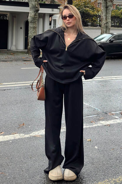 Siyah Yarım Fermuar Sweat Pantolon Kadın Alt Üst Takım 
