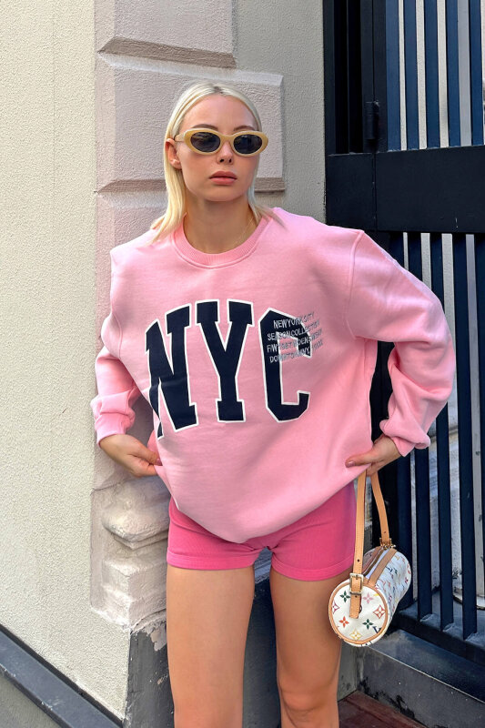 Toz Pembe Season Nyc Baskılı İçi Pamuklu Kadın Sweatshirt - SWİST (2)