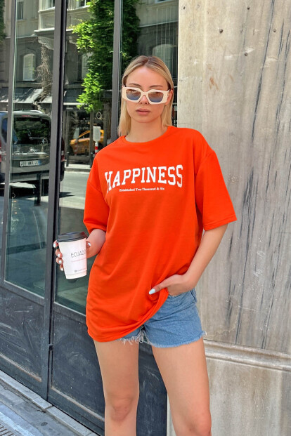 Turuncu Happiness Baskılı Oversize Kadın Tshirt - 2