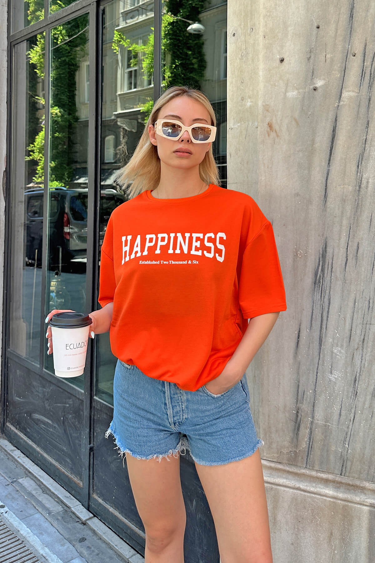 Turuncu Happiness Baskılı Oversize Kadın Tshirt - 3