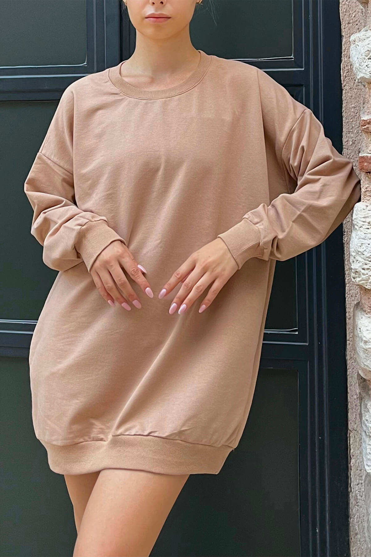 Vizon Bisiklet Yaka Oversize Kadın Sweatshirt - 4