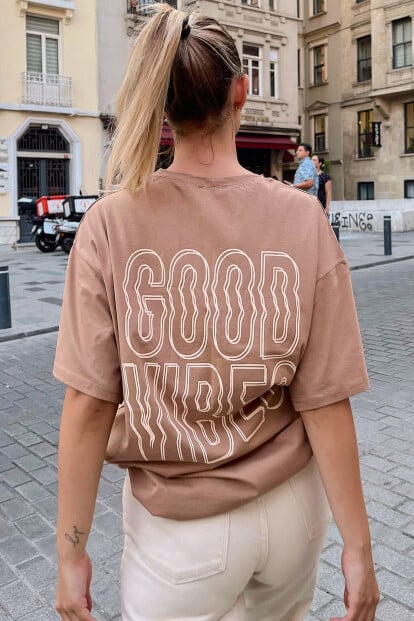 Vizon Good Vibes Sırt Baskılı Oversize Kadın Tshirt - 3