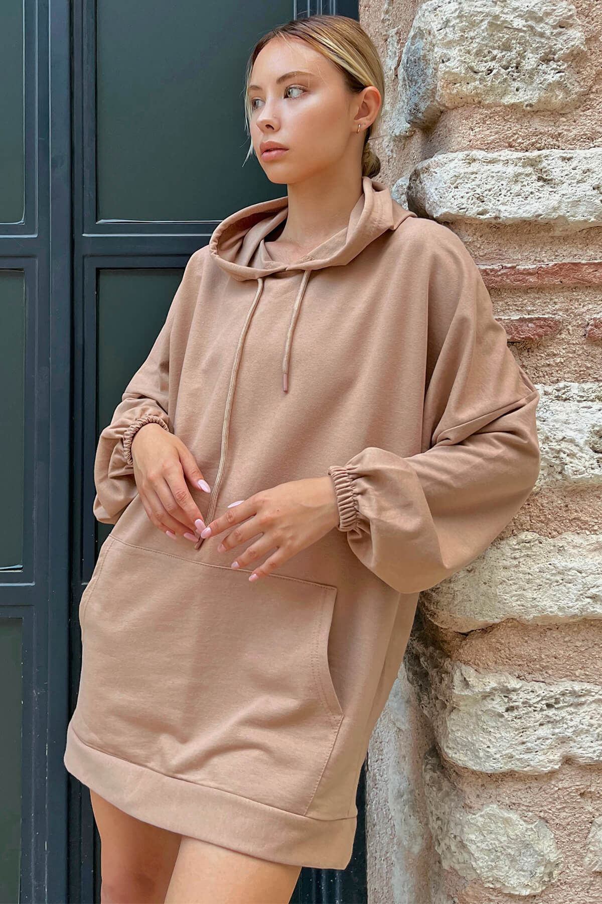 Vizon Kapüşonlu Kanguru Cep Oversize Kadın Sweatshirt - 1