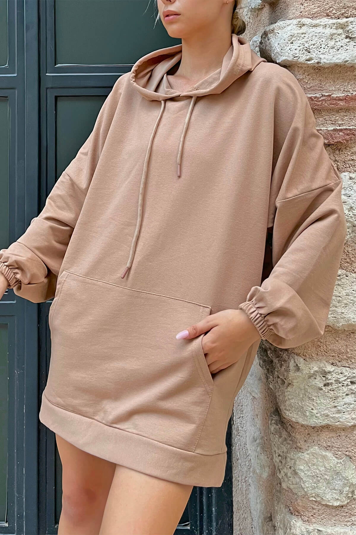 Vizon Kapüşonlu Kanguru Cep Oversize Kadın Sweatshirt - 3