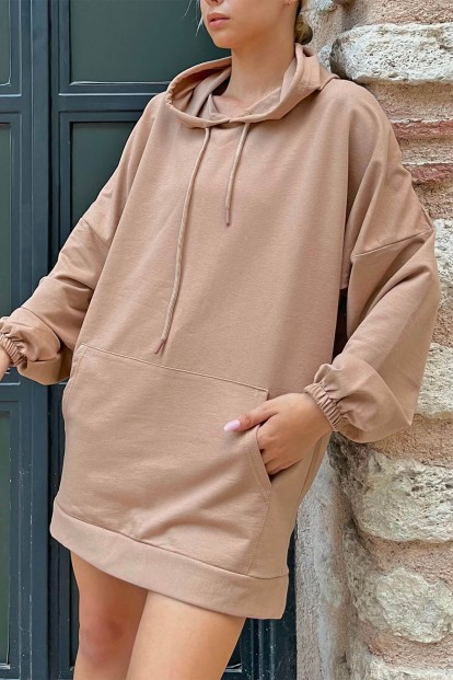 Vizon Kapüşonlu Kanguru Cep Oversize Kadın Sweatshirt - 3