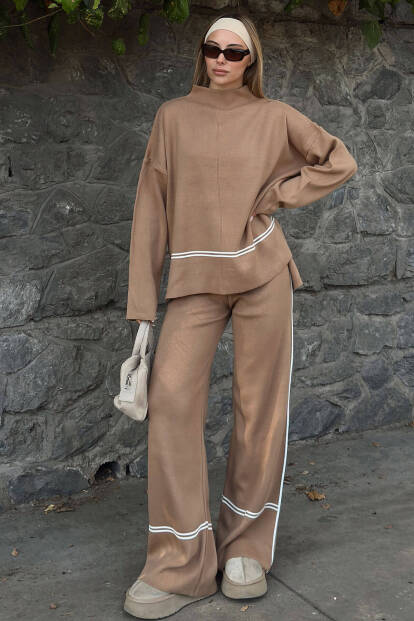 Vizon Step Şerit Detaylı Dik Yaka Arkası Uzun Kazak-Pantolon Kadın Triko Alt Üst Takım 