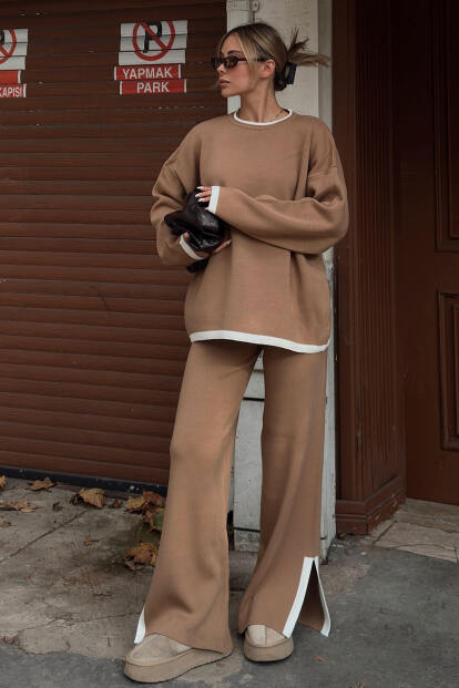 Vizon Uma İntersiye Çizgili Yırtmaçlı Oversize Kazak-Pantolon Kadın Triko Alt-Üst Takım 