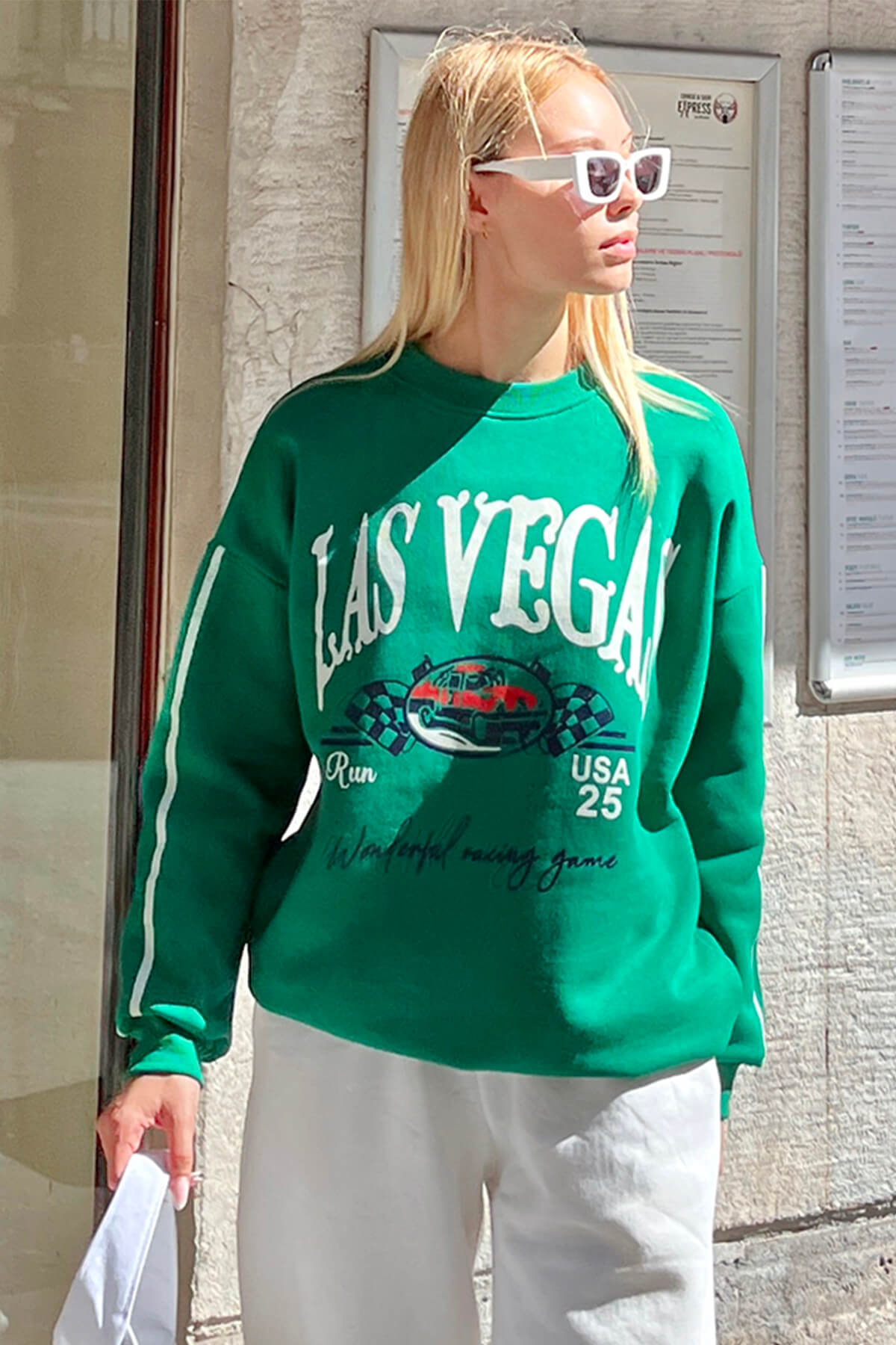 Yeşil Las Vgs Baskılı İçi Pamuklu Kadın Sweatshirt - 1