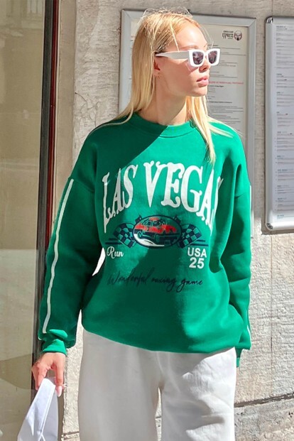 Yeşil Las Vgs Baskılı İçi Pamuklu Kadın Sweatshirt - 5