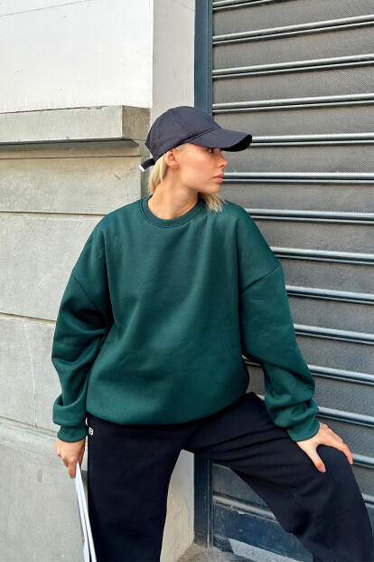 Yeşil Oversize Basic Bisiklet Yaka İçi Polarlı Kadın Sweatshirt - 2