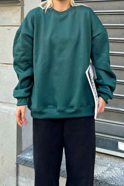 Yeşil Oversize Basic Bisiklet Yaka İçi Polarlı Kadın Sweatshirt - 4