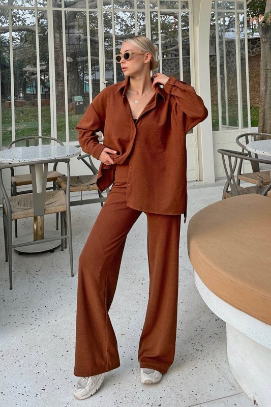 Kahverengi Fine Fitilli Oversize Gömlek-Pantolon Kadın Alt-Üst Takım
