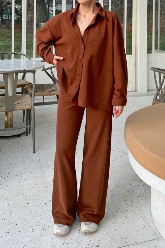 Kahverengi Fine Fitilli Oversize Gömlek-Pantolon Kadın Alt-Üst Takım