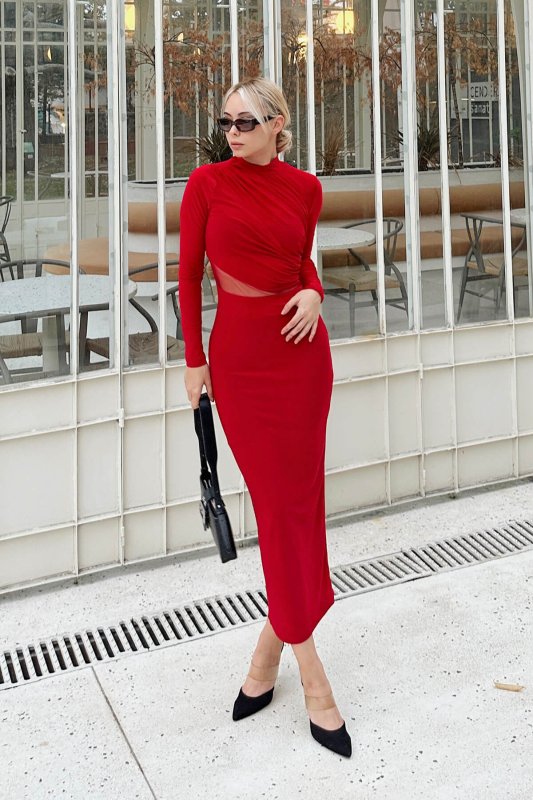 Kırmızı Bel Tül Dekolteli Yarım Balıkçı Drapeli Kadın Midi Elbise