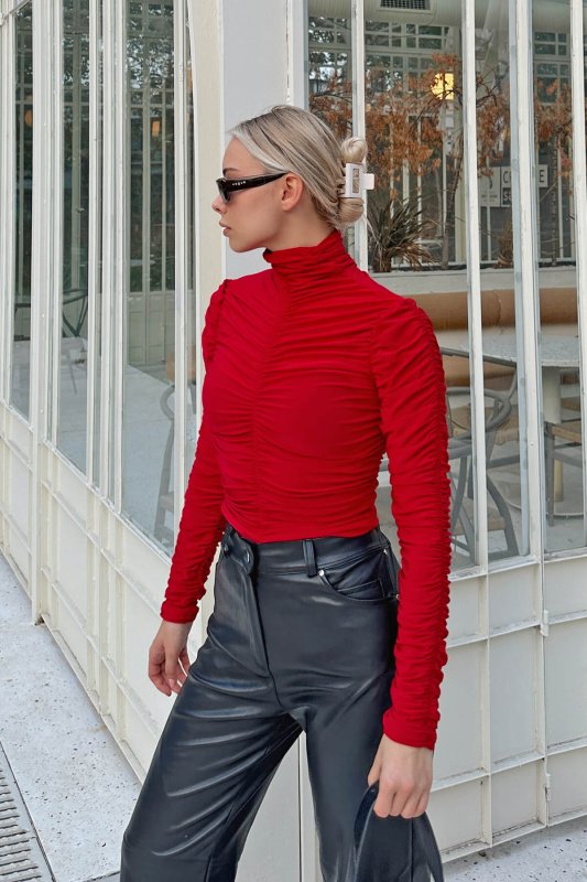 Kırmızı Full Drapeli Yarım Balıkçı Kadın Crop Bluz