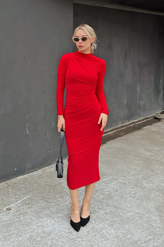 Kırmızı Helen Yarım Balıkçı Bel ve Omuz Drapeli Kadın Midi Elbise