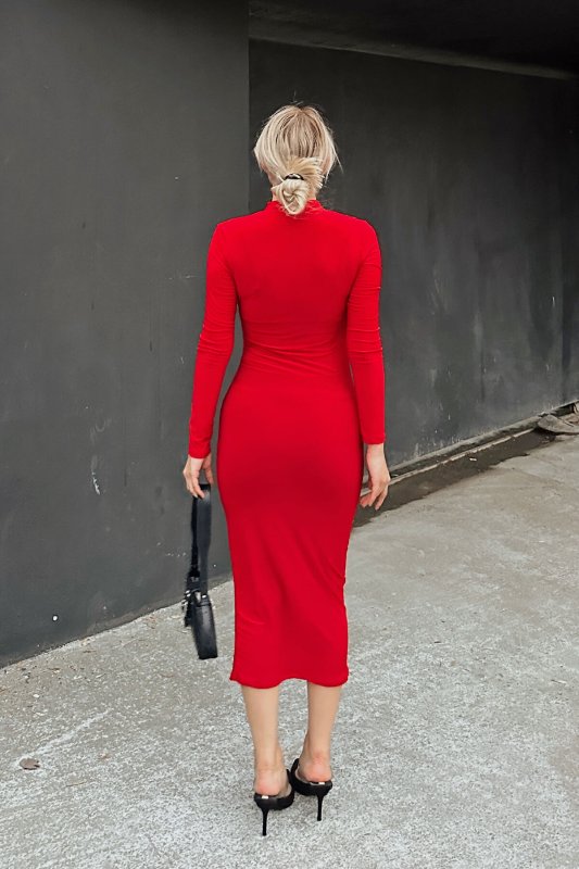 Kırmızı Helen Yarım Balıkçı Bel ve Omuz Drapeli Kadın Midi Elbise