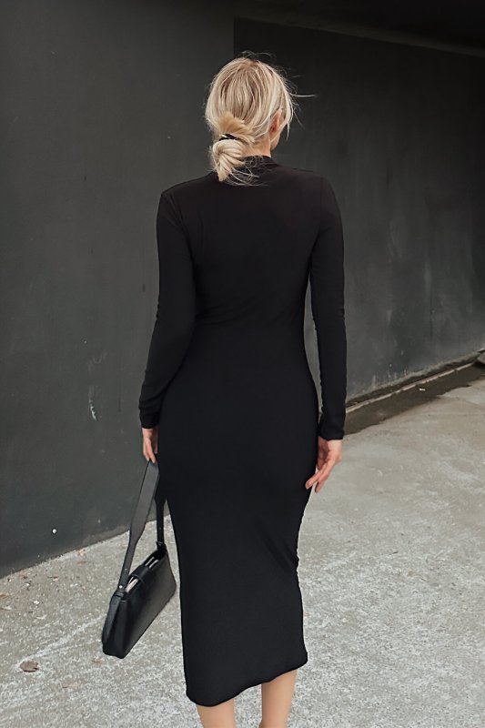 Siyah Helen Yarım Balıkçı Bel ve Omuz Drapeli Kadın Midi Elbise