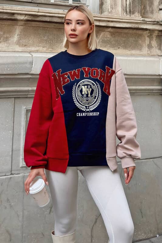 Lacivert Newyork Nakışlı Garnili İçi Pamuklu Kadın Sweatshirt - SWİST