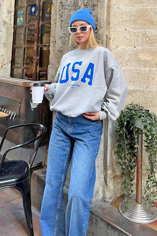 Siyah USA Baskılı İçi Pamuklu Kadın Sweatshirt - SWİST (1)