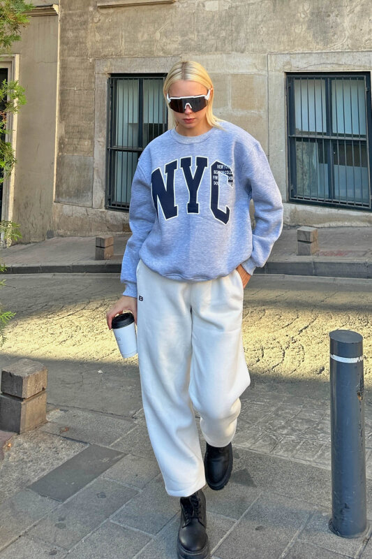 Gri Season Nyc Baskılı İçi Pamuklu Kadın Sweatshirt - SWİST (1)