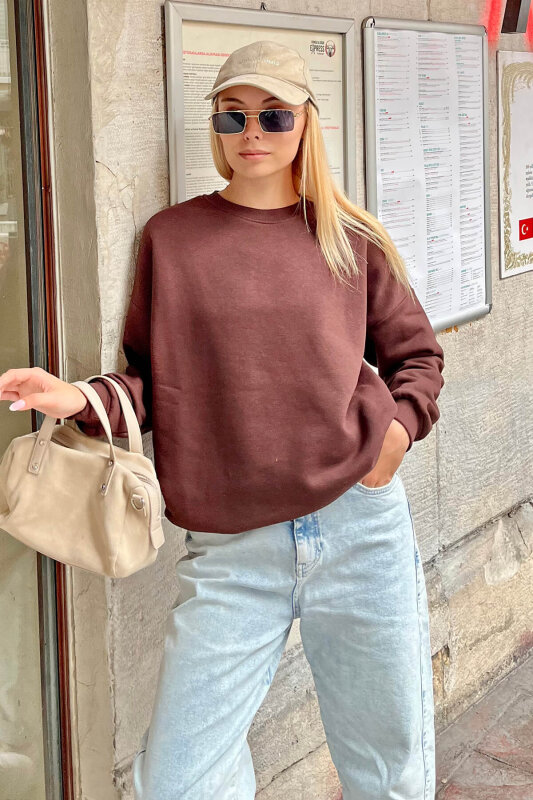 Kahverengi İçi Pamuklu Kadın Basic Sweatshirt - SWİST (1)