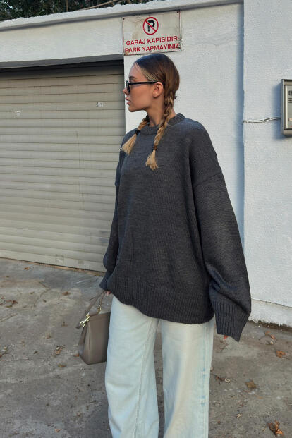 Füme Biscuit Bisiklet Yaka Oversize Kadın Triko Kazak - 2