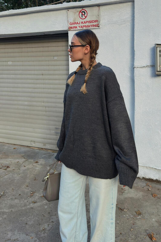Füme Biscuit Bisiklet Yaka Oversize Kadın Triko Kazak - SWİST (1)
