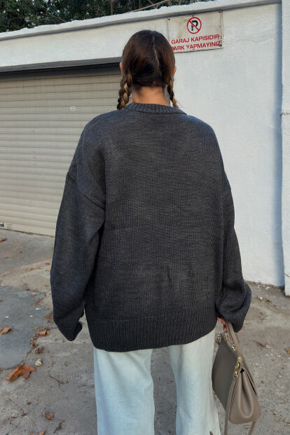 Füme Biscuit Bisiklet Yaka Oversize Kadın Triko Kazak - 5