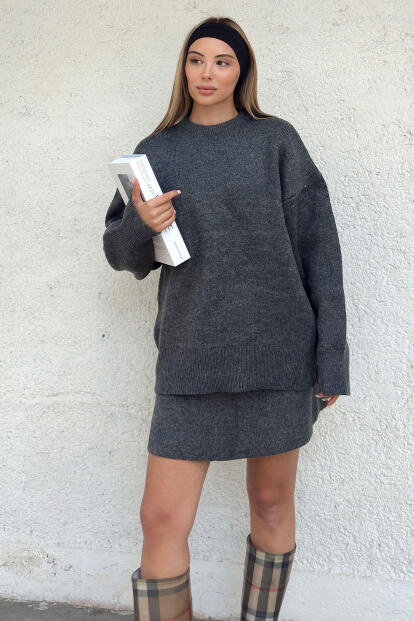 Füme Bisiklet Yaka Oversize Kazak-Mini Etek Kadın Triko Alt Üst Takım - 1